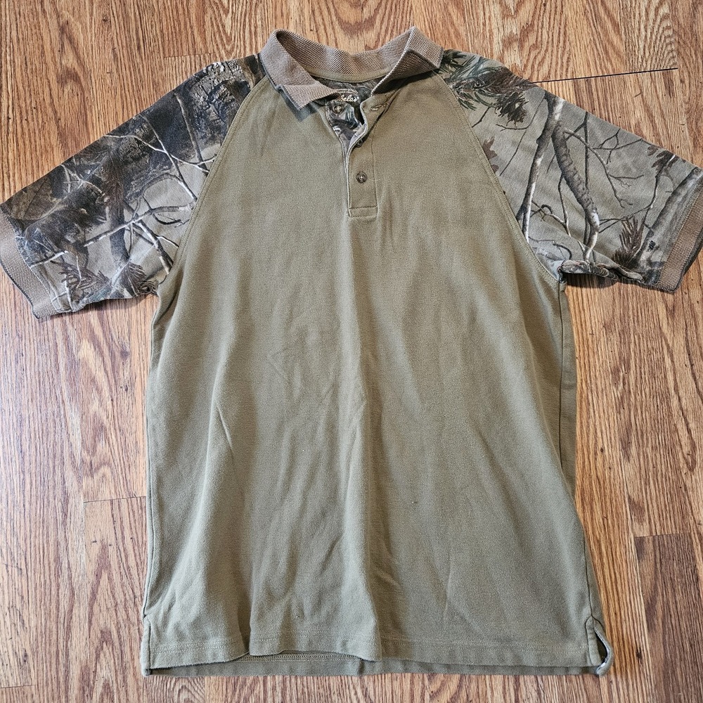 Cabelas M Camo Collared Hunting Camp Shirt Short Sleeve 1/4 Button Up Casual Men
